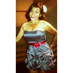 Strapless Blue Satin & White Polka Dot Dress